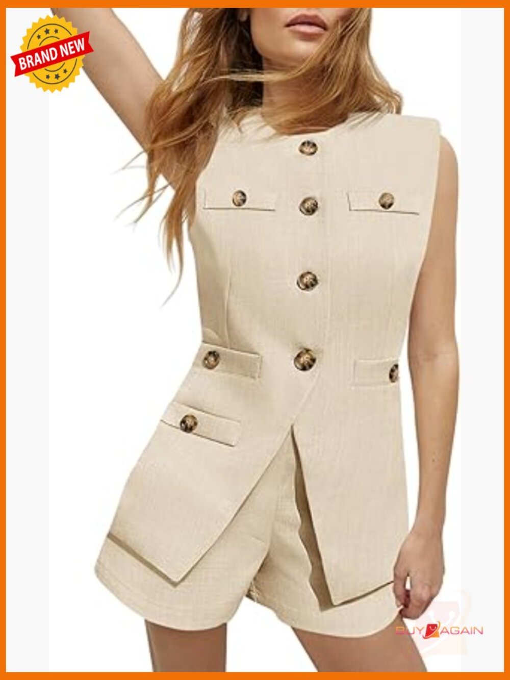 Women's 2 Piece Casual Suit Set Sleeveless Blazer Vest Shorts Office Business